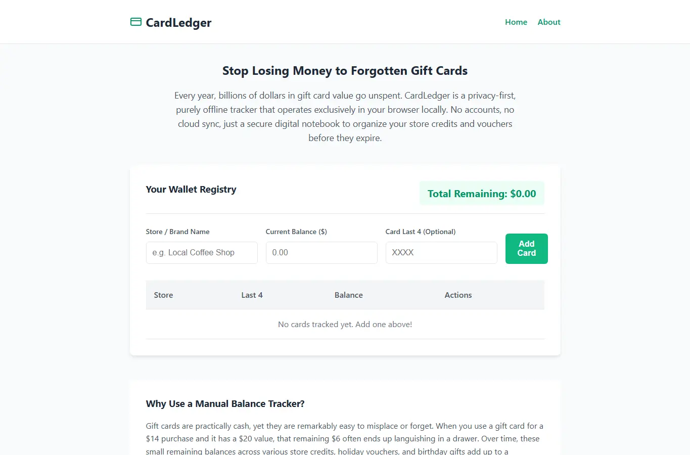 Screenshot of CardLedger: Gift Card Balance Tracker interface showing the project page in use